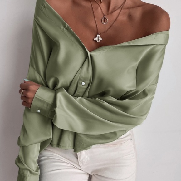 Satin mint Green silky button up Boyfriend Work - Picture 11 of 16